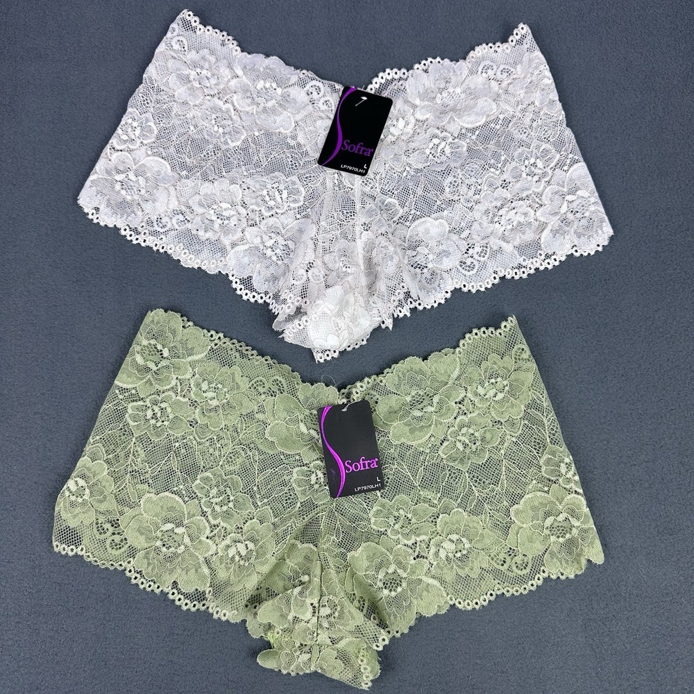 Sofra Lace Boyshort Panties 2 Pair Large NWT Ivory Sage Green Floral Stretch